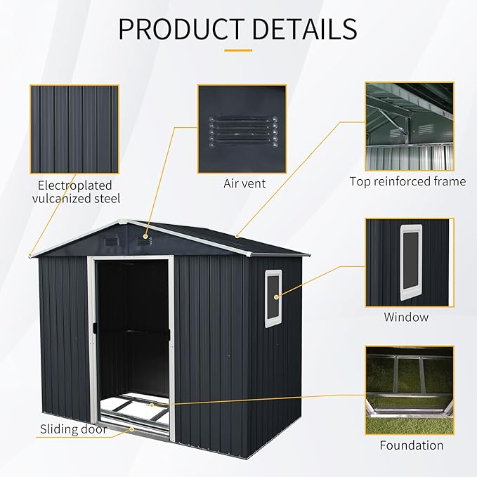 4x8 FT Outdoor Storage Shed, Metal Garden Shed with Frame Floor, Outside Tool Shed with Window, Waterproof Storage Building with Lockable Sliding Doors & Sloped Roof for Backyard, Patio, Black