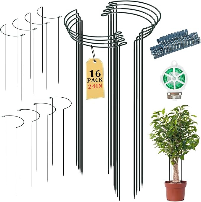 16 PCS Adjustable Plant Support Stand with Clips & Twist Tie - 10x24 Inch Garden Stakes for Indoor Outdoor Plants, Heavy Duty Plant Stakes Peony Support Cage Plant Support Ring