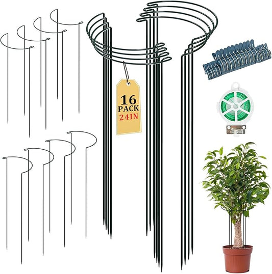 16 PCS Adjustable Plant Support Stand with Clips & Twist Tie - 10x24 Inch Garden Stakes for Indoor Outdoor Plants, Heavy Duty Plant Stakes Peony Support Cage Plant Support Ring