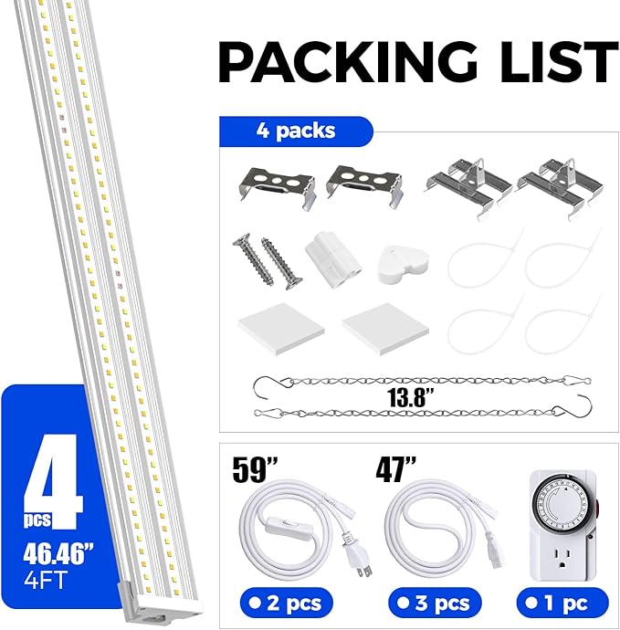 Barrina TX-S60 4FT Grow Light for Indoor Plants, 240W(4 x 60W, 1680W Equivalent), High PPFD, Full Spectrum with 660nm Red LEDs, Mechanical Timer, Linkable, Hanging Plant Light for Seedling, 4 Packs