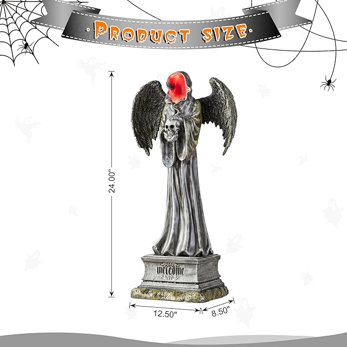 Glitzhome Halloween Porch Decorations, Lighted Halloween Front Porch Standing Sign Decor with Timer, Resin Grim Reaper Sign for Indoor Patio Party, 24" H