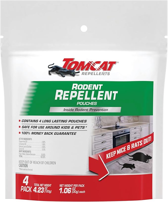Tomcat Repellents Rodent Repellent Pouches, Ready-to-Use, Inside Rodent Prevention with Essential Oils, 4.23 oz., 4-Pack
