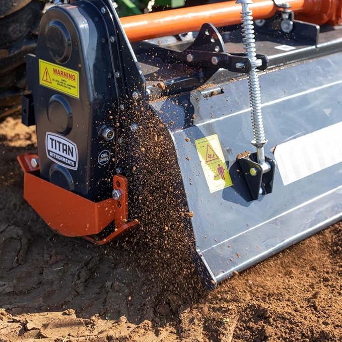 Titan Attachments 3 Point 72" Rotary Tiller Attachment Fits Cat 1 Tractors, Charcoal Finish, Single Speed PTO Driven Cultivator with a 540 RPM Gearbox, Replaceable L-Shaped Tines Work 5" Deep