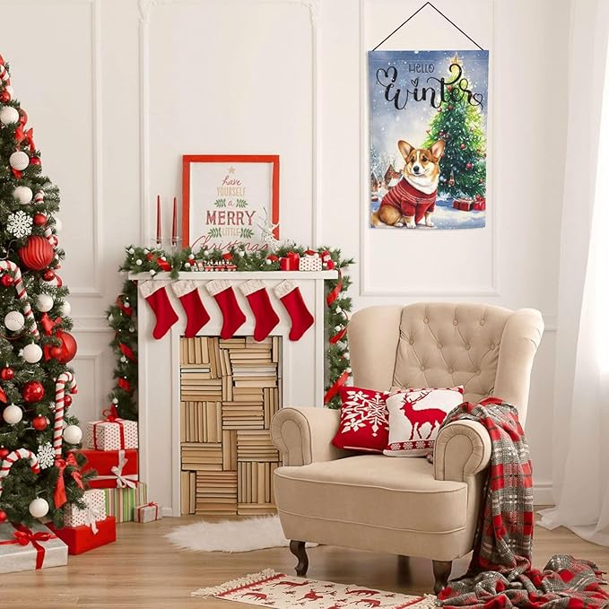 Hello Winter Merry Christmas Cute Pine Snow Garden Flag Welcome Party Outdoor Outside Decorations Picks Home House Garden Yard Decor 12x18 Inch