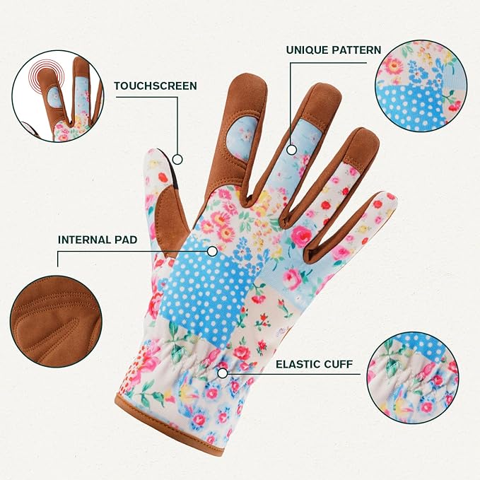 Gardening Gloves for Women, Printed Touchscreen Garden Gloves with Grip, Thorn-Proof Puncture-Resistant Work Gloves