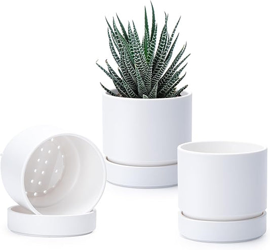 Phoenix Vine 4 Inch Planter Pot with Drainage Hole & Saucer, Deep Water Catch Tray, Straight Cylindrical Round Pot for Plants, Matte White, Pack of 3, 23-B-R-3