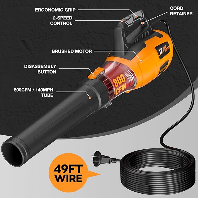 ALLOYMAN 13AMP Cord Leaf Blower with 49FT Extension Cord, 140MPH, 800CFM Airflow, Lightweight Portable Electric Leaf Blower Ideal for Heavy Duty Fall Cleanup, Patio Cleaning, Lawn Care, etc