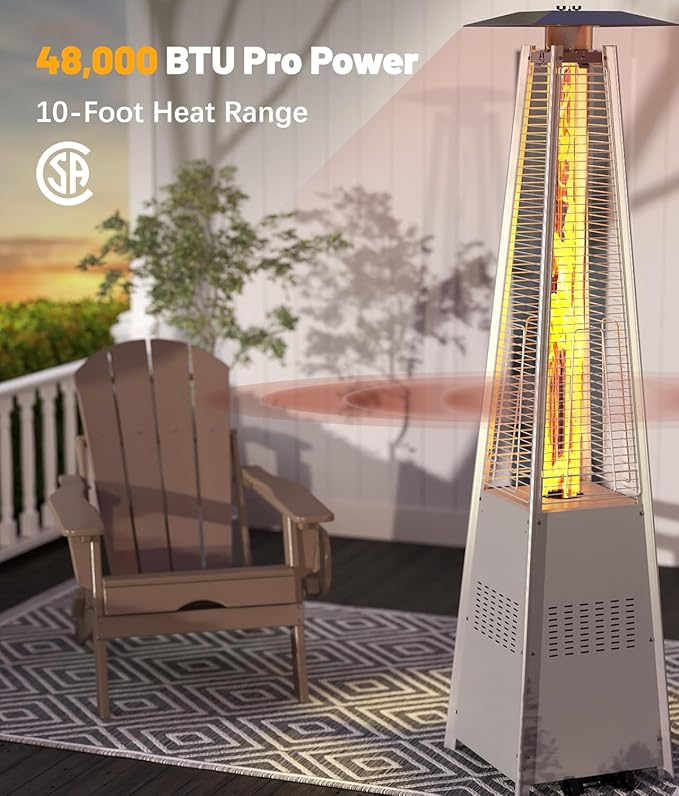 Pyramid Patio Heater,48,000 BTU Outdoor Propane Patio Heater with Detachable Wheels and Protective Cover for Terrace, Garden,Poolside.Grey