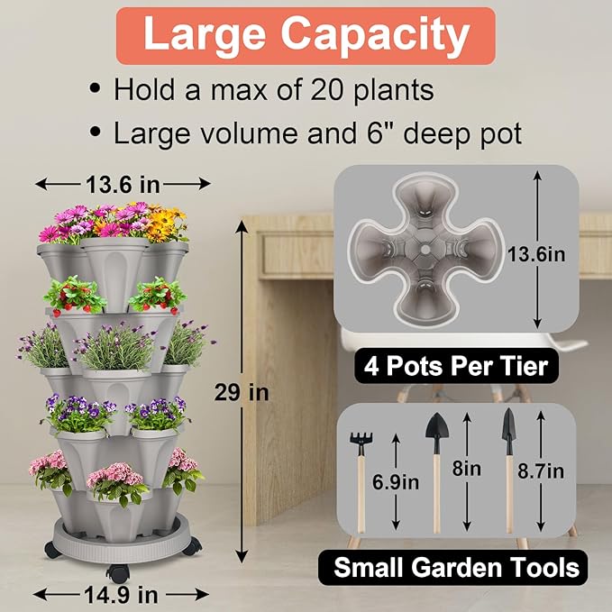 Vertical Planter 5 Tier Stackable Planters Garden Planters Strawberry Herb Flower and Vegetable Planter Indoor Outdoor Gardening Pots with Removable Wheels and Tools 2-Pack