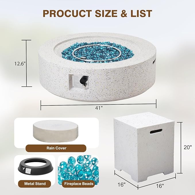 2-Piece Outdoor Propane Fire Pit Table Set – Premium Terrazzo-Like MgO Finish, Round Gas Fire Table with Tank Table for Patio, Garden & Backyard, Includes Rain Cover & Glass Beads