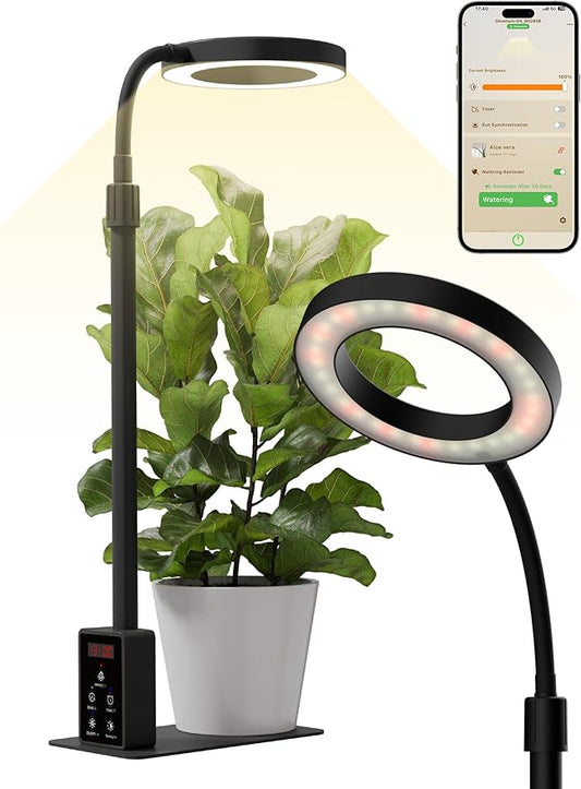 GLOWRIUM Smart LED Grow Lights for Indoor Plants, Desk Plant Light with Bluetooth App Control, 12W Full Spectrum Grow Lamp, Height Adjustable 16"-23", Auto Timer, Watering Reminder for Small Plants