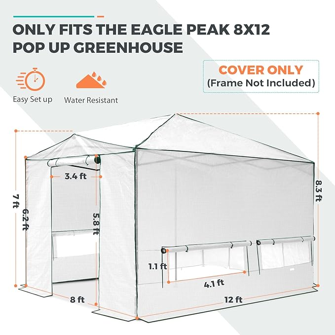EAGLE PEAK Replacement Cover for 12x8 Portable Walk-in Pop up Greenhouse, Front and Rear Roll-Up Zipper Entry Doors and 4 Large Roll-Up Side Windows (Frame Not Included), White
