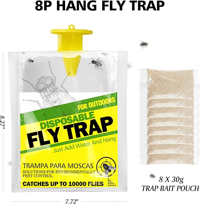 8 Pack Outdoor Hanging Fly Traps, Disposable Flies Killer Trap Bag Catcher with Natural Attractant Bait Bug Catcher and Flying Insect Trap for Outdoor Family Farm Park Orchard Garden