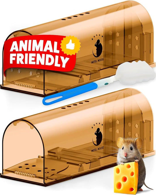 Motel Mouse Humane No Kill Live Catch and Release Mouse Traps, Reusable with Cleaning Brush - 2 Pack