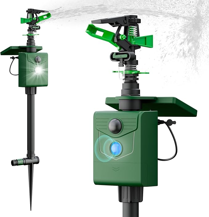 2 Packs Motion Activated Animal Repeller with Water Sprinkler, Solar Powered Deer Repellent Devices, IP65 Waterproof Cat Repellent Outdoor with Flashing Light, Deter Foxes Skunks Raccoons from Garden