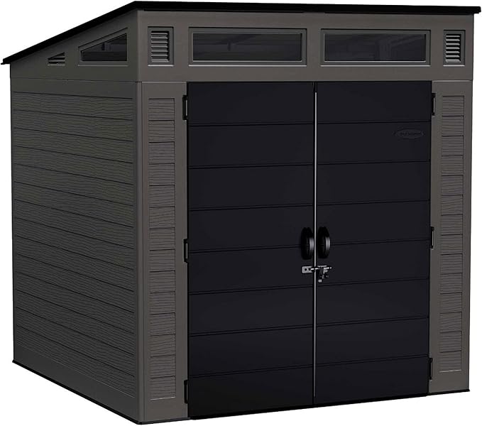 Suncast Modern Outdoor Storage Shed, 200 cu. ft. Peppercorn Resin Plastic Shed for Lawn Mower, Bikes, Utility Tools, Patio, & Yard. Weatherproof & Lockable Modern Sheds & Outdoor Storage, Made in USA