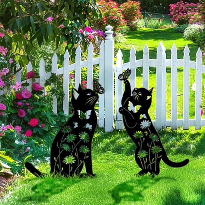Cat Garden Decor for Outside,17” Metal Cat Decorative Garden Stakes, Gifts for Women/Men/Cats Lovers Gifts, Black Cats Silhouette Outdoor Decor, Rust Proof/Weather Resistant Kitty Yard Art