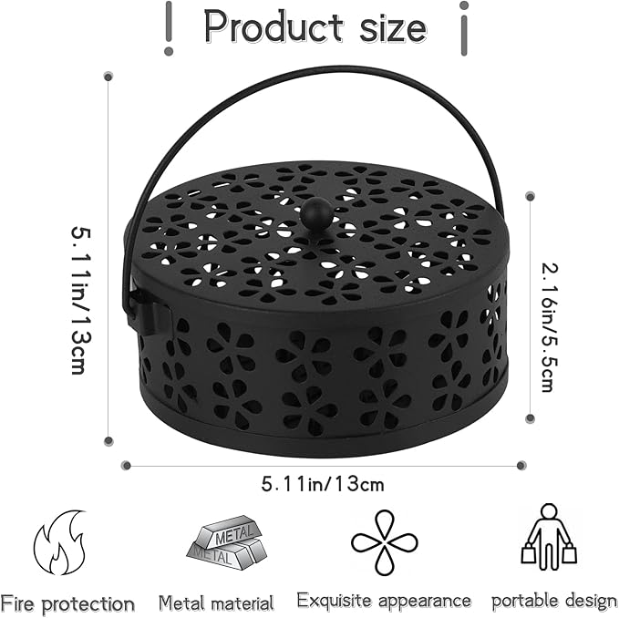 Portable Iron Mosquito Coil Holder with Handle Round Heat-Resistant Incense Holder for Home Office Camping (2Pack Black)