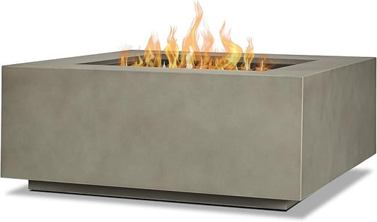 Real Flame Aegean 36”in Square Propane or Natural Gas Fire Pit Table, 50,000 BTU, Powder-Coated Steel, Push-Button Ignition, CSA Certified, Lava Rock, Storage Cover, Stainless Steel Burner with Lid