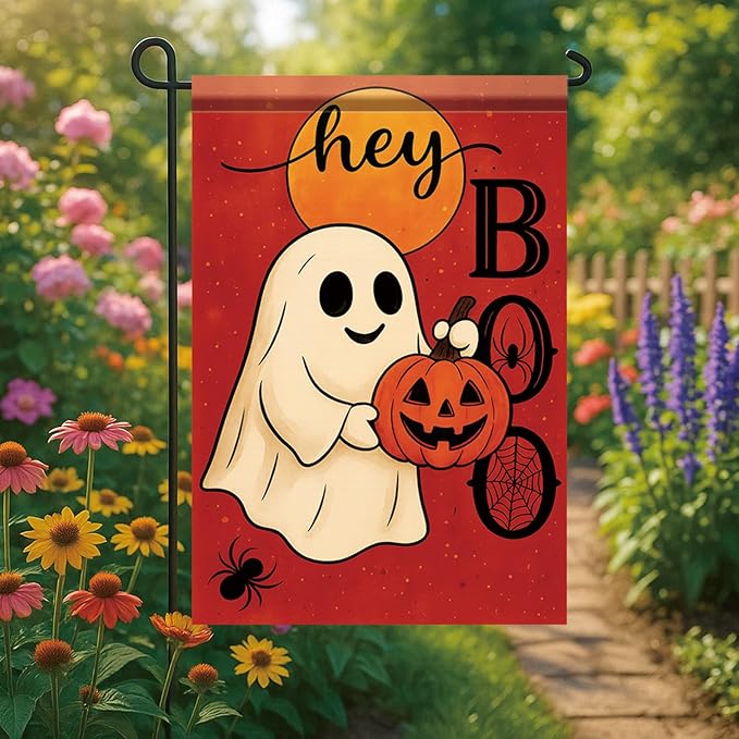 Halloween Garden Flag Hey Boo Ghost Pumpkin Flag 12x18 Inch Double Sided Outdoor Yard Banner for Trick or Treat Haunted House Fall Halloween Decoration Decor