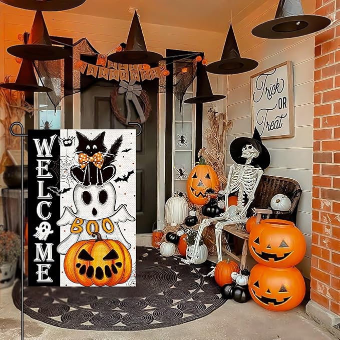 Halloween Welcome Garden Flags for Outside 12x18 Inch Double Sided Burlap, Black Cat Spooky Ghost Pumpkin Sign Small Flag Farmhouse Holiday Yard Lawn Outdoor Decorations DF868