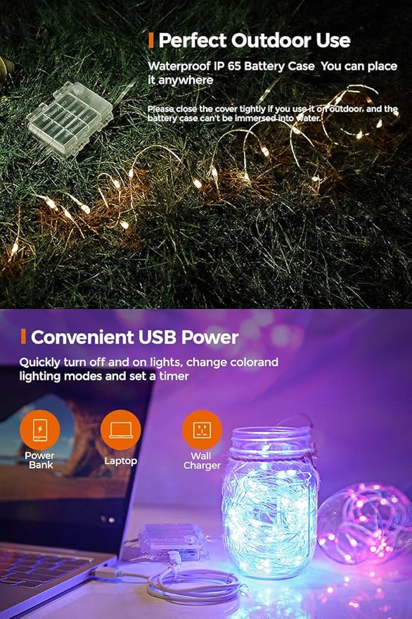 OMIKA 2 Pack 16.4ft 50 LED 16 Colors Battery Operated & USB Powered Fairy Lights, with Remote Waterproof LED String Lights for Bedroom Garden Patio Party Indoor Outdoor Decor(132 Modes)