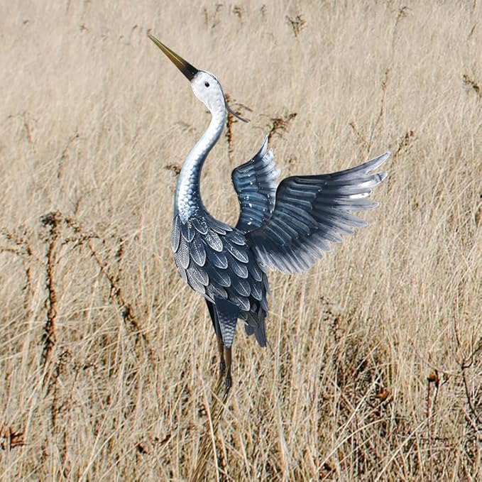 37 Inch Blue Heron Metal Yard Art, Garden Sculpture Spreading Wings for Patio, Lawn, and Backyard