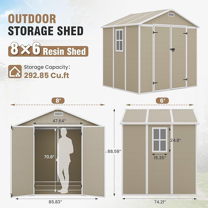 Outdoor Storage Shed, 8x6 FT Resin Shed with Floor Included and Lockable Door, Window & Vents, Tool Sheds, Outdoor Storage for Bike, Garden Accessories, Tools, Waterproof (Light Brown)