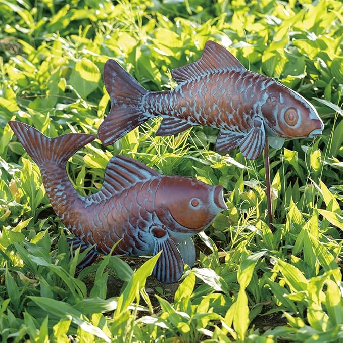 G/N Set of 2 Koi Fish Decor Outdoor Statue Sculpture Garden Pond Fishes Yard Art Antique Copper Koi Sculptures & Statues Large Metal Koi Fish Figurine Ornaments Décor Gifts for Women Mom Grandma