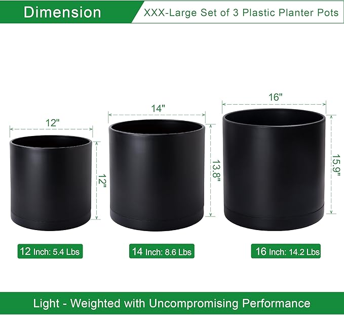 D'vine Dev 12 Inch 14 Inch 16 Inch, Set of 3 Plastic Planter Pots for Plants with Drainage Hole and Seamless Saucers, Black Color, XXX-Large, 74-V-B-7