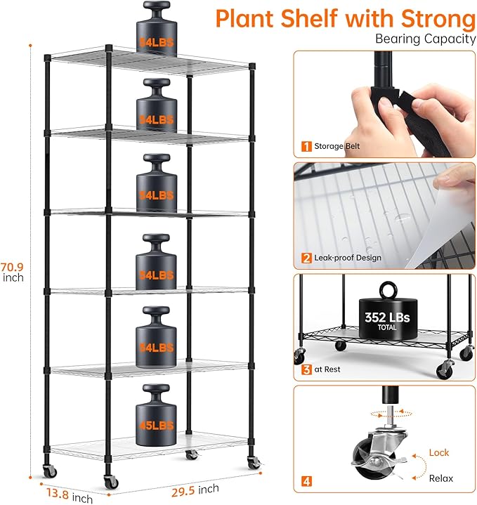 DIY Plant Shelf with Grow Lights, Grow Light Shelf with Adjustable Rack and Wheels, Plant Stand, 8-Pack 192W T8 3000K Full Spectrum Grow Lights for Seed Starting,Seed Tray(29.5L x 13.8W x70.9H)