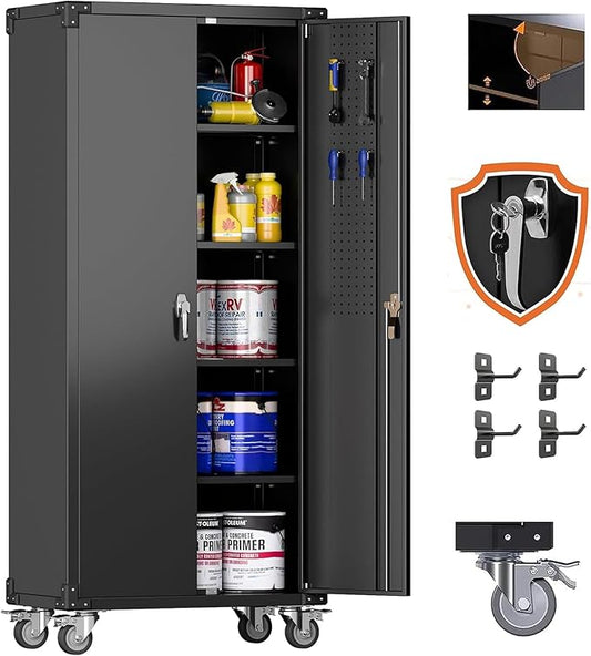 Metal Garage Storage Cabinet with Wheels and Pegboard, 72" H Rolling Steel Storage Cabinet with 4 Adjustable Shelves and Lockable Door for Garage, Office, Home,Required Assembly,Black