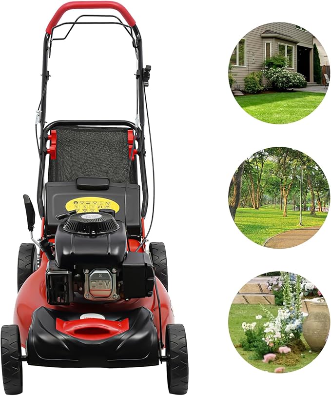 140CC 4 Stroke Walk-Behind Lawn Mower Gas Powered Push Lawn Mower with Wheels and Grass Collecting Bag Grass Trimmer for Yards Gardens Lawns, 8 Adjustable Height, 20-in Cutting Width,5HP