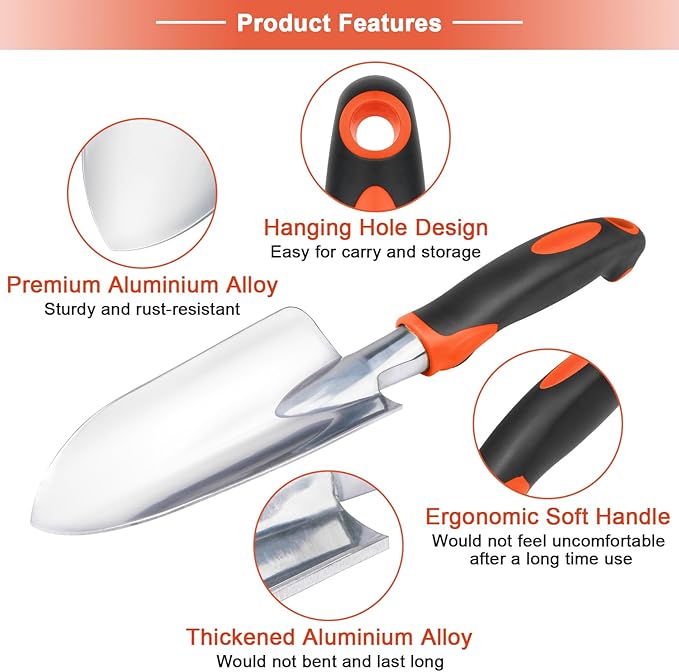 Garden Shovel Garden Hand Trowel, Heavy Duty Hand Shovel with Ergonomic Handle, Small Gardening Tools for Digging, Rust Resistant Gardening Spade Trowel Tools, Orange