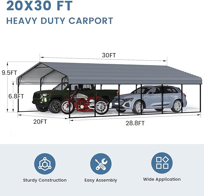 EROMMY 20x30 FT Heavy Duty Metal Carport, Carports with Galvanized Steel Roof and Frame, Sturdy Car Shed in All Weathers, Easy Assembly Car-Shelter for 2 Cars, SUV, Tractors and Boat, Gray