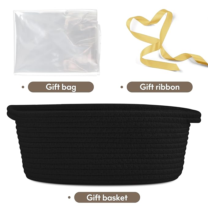 Pro Goleem Small Woven Basket with Gift Bags and Ribbons Durable Baskets for Gifts Empty Small Rope Basket for Storage 12"X 8" X 5" Baby Toy Basket with Handles, Black