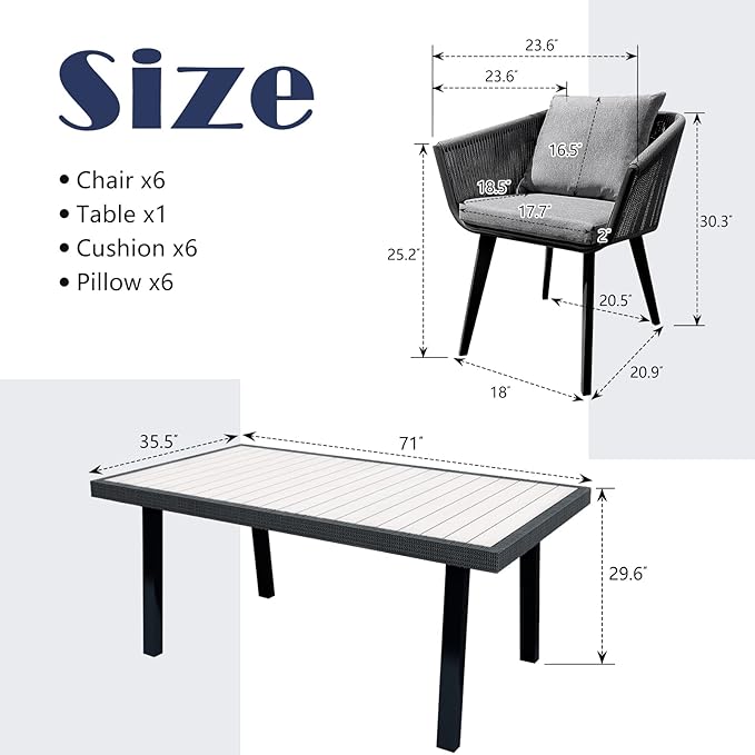 7 Pieces Patio Dining Set for 6 - All Weather Outdoor Dining Sets, All in One Outdoor Table and Chairs, Wicker Outdoor Patio Furniture Sets with Cushions and Pillows, Grey