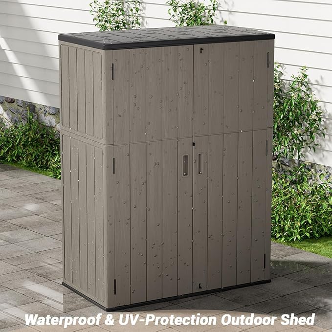 KINYING Outdoor Storage Shed,57 Cu.ft Vertical Outdoor Storage Cabinet Waterproof, Outdoor Resin Tool Shed for Patio Furniture, Garden Tools, Pool Accessories, Lawn Mower(Coffee Color)