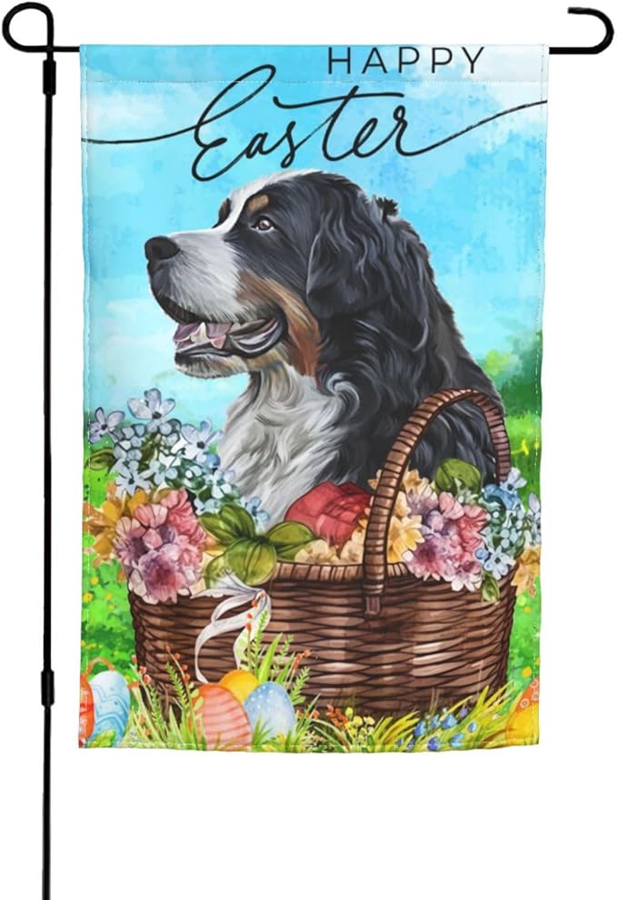 Bernese Mountain Dog Happy Easter Flower Garden Flag Welcome Party Outdoor Outside Decorations Picks Home House Garden Yard Decor 12x18 Inch