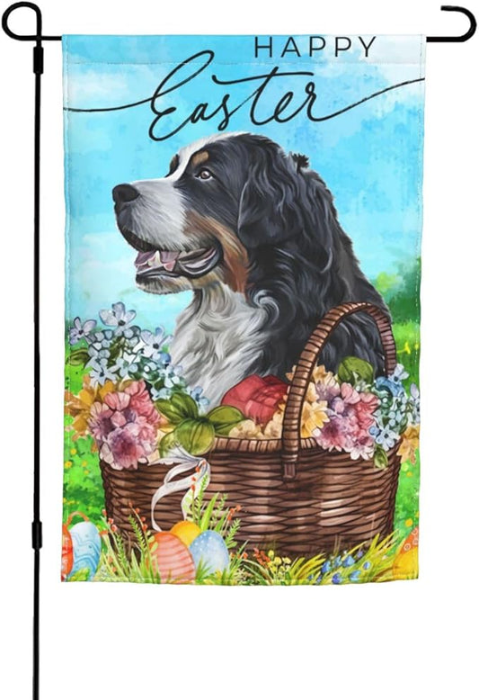 Bernese Mountain Dog Happy Easter Flower Garden Flag Welcome Party Outdoor Outside Decorations Picks Home House Garden Yard Decor 12x18 Inch