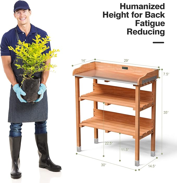 Giantex Garden Potting Bench, Outdoor Wood Workstation Table with Galvanized Steel Tabletop, 5 Hooks, 2-Tier Storage Shelves, Outside Work Station Potting Table with Raised Edge, Easy Assembly