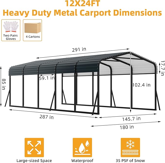 12' X 24' X 8.5' Heavy Duty Metal Carport with Galvanized Roof, Weatherproof Car Garage Shelter, All-Weather Permanent Cover for Cars/Trucks/Boats/Tractors
