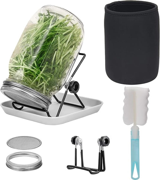 Lulonpon Sprouting Kit, One Pieces Seed Sprouting Jar Kit, Wide Mouth Quart Mason Jars with 304 Stainless Steel Screen Sprout Lids,86mm Caliber with Tray,Stand,Shading Bag and Brush,for Bean Sprouts