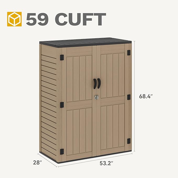 DWVO 59 Cu. Ft. Vertical Storage Shed, Weatherproof Outdoor Tall Cabinet with Double-Wall Panels and Floor, Lockable Resin Shed for Garden, Garage, Patio,Brown (Shelves Not Included)