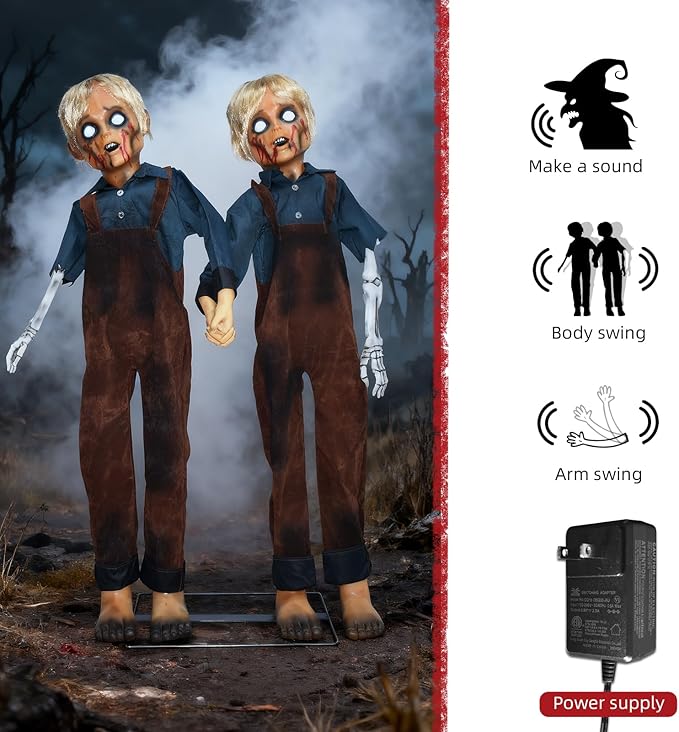 HOYECHI Animatronic Halloween Decorations Twin Boys 4.3ft – Scary Halloween Decorations for Yard, Motion & Sound Activated Outdoor Decor, Footstep & Touch Trigger