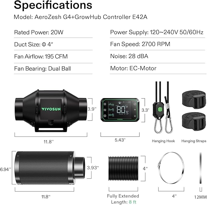 VIVOSUN Smart Air Filtration PRO G4 Kit 4", AeroZesh G4 Inline Duct Fan w/GrowHub E42A Temp. Humidity WiFi-Controller, Carbon Filter & Ducting, Cooling & Ventilation System for Grow Tent, Hydroponics