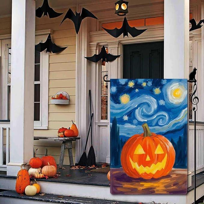 Halloween Starry Night Pumpkin Ghost Garden Flag Holiday Small Flag for Outside Burlap Double Sided Welcome Yard Lawn Decor 12.5x18"