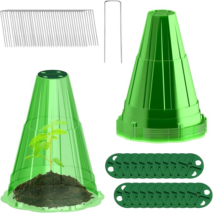 Garden Cloches for Plants, 20 Pack Garden Cloche with Rotary Vent, Reusable Bell Plant Covers with 40Pcs Ground Stakes, Plant Cloche Protectors from Animals Snails Birds Chickens, 7.9" H X 6.7" D