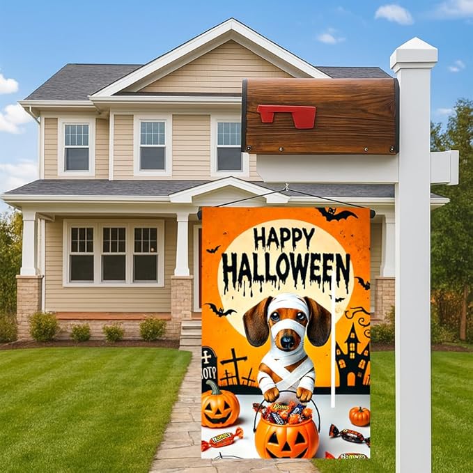 Halloween Garden Flag 11.81 x 17.72 Inch Dachshund Dog in Mummy Costume with Pumpkin Candy Bucket Full Moon and Bats Outdoor Yard Decoration for Holiday Party