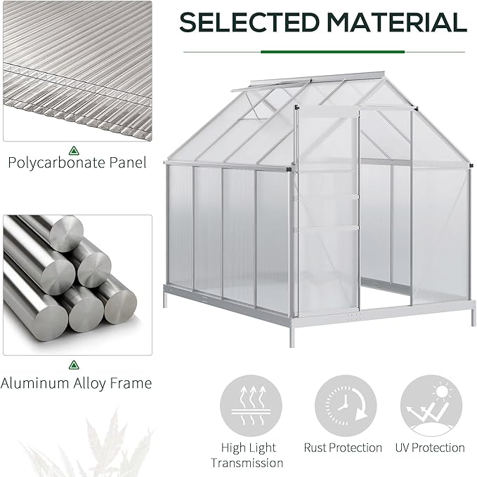 Outsunny 8' x 6' x 6.5' Polycarbonate Greenhouse with Aluminum Frame, Walk-in Heavy Duty Greenhouse with Adjustable Roof Vent, Rain Gutter and Sliding Door for Winter, Silver